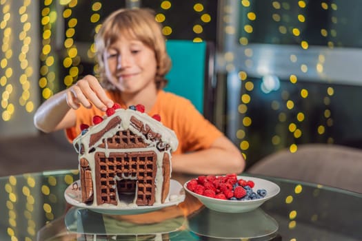 Immerse in festive delight as a boy crafts boy crafting an unconventional gingerbread house, infusing Christmas with unique creativity and festive cheer. A sweet scene of seasonal bonding and culinary fun.