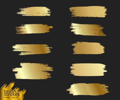 Gold paint brush. Vector golden hand painted smear stroke stain. Abstract art background. Collection of golden paint strokes. illustration - Vector