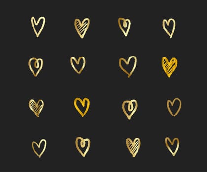 Gold Hearts. Hand drawn hearts brushes. Hand painted heart shape. Symbol of love Valentine's Day wedding cards. Vector illustration