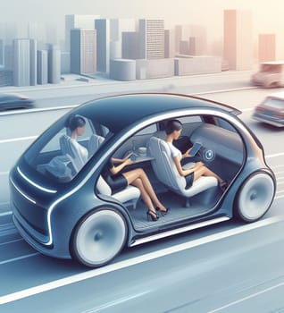 business woman working from autonomous driving ev car traveling fast in city traffic generative ai art