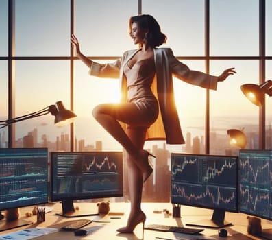 a stressed sensual secretary financial trader giving up in the office throwing all in the air generative ai art