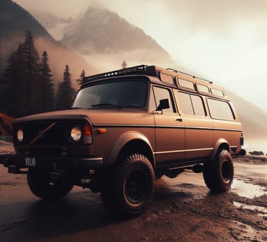 rusty dirt offroad 4x4 lifted vintage custom camper conversion jeep overlanding in mountain roads, nomadic lifestyle, adventure living, ai generated