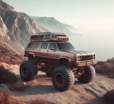 rusty dirt offroad 4x4 lifted vintage custom camper conversion jeep overlanding in mountain roads, nomadic lifestyle, adventure living, ai generated