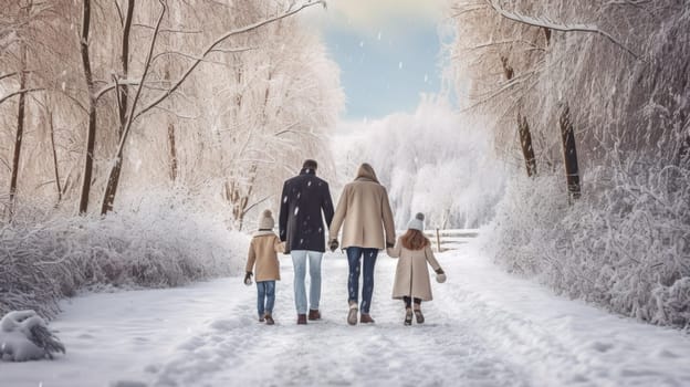 Happy family Father, mother and children are having fun and playing on snowy winter walk in nature. comeliness