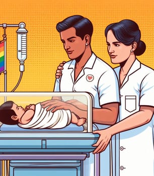 illustration depicting medical staff people at the hospital take care of newborn baby ai generated