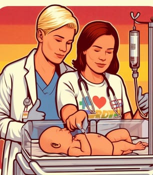 illustration depicting medical staff people at the hospital take care of newborn baby ai generated