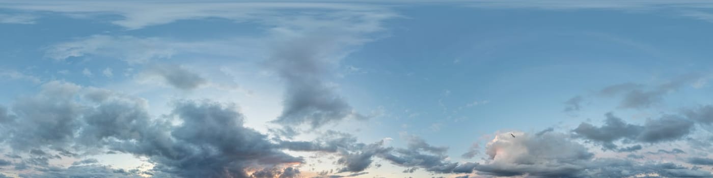 Dark blue sunset sky panorama with pink Cumulus clouds. Seamless hdr 360 pano in spherical equirectangular format. Full zenith for 3D visualization, game, sky replacement for aerial drone panoramas