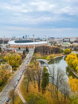 View of Minsk Cityscape in Belarus with Svislach River in sunny autumn day. High quality photo