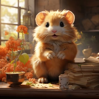 Funny kind hamster in clothes smiles. llustration for cover, interior design. AI generative.