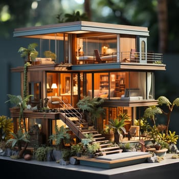 A realistic wooden modern tiny house with flat roof and big windows all around in a small size. Model of a small modern ecological house with furniture