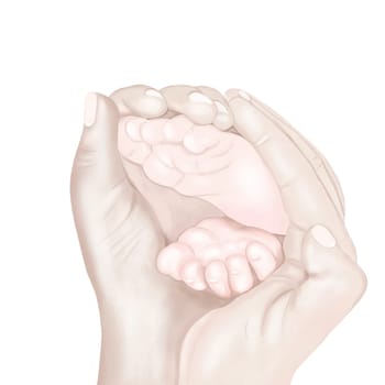 Watercolor drawing of mother's palms holding newborn's feet. Tenderness isolate with family values and love. For designing cards and banners for Mother's Day and baby's birthday