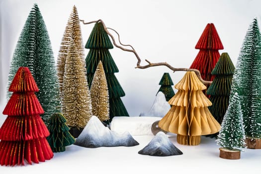 New Year's concept, product stand. Colored Christmas trees. High quality photo