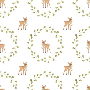 Watercolor seamless baby pattern fawn and branch wreath. Elegant cute animal pattern with bow in round frame. For printing on children's textiles and bedding
