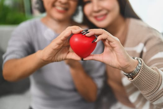 Smiling gray haired mature woman and daughter holding red heart. Health care, insurance and world heart day concept.