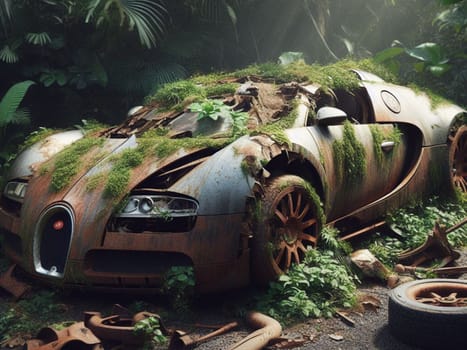 Abandoned rusty expensive atmospheric super car as circulation banned for co2 emission 2030 agenda , severe damage, broken parts, plants overgrowth bloom flowers. ai generated