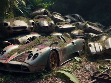Abandoned rusty expensive atmospheric super car as circulation banned for co2 emission 2030 agenda , severe damage, broken parts, plants overgrowth bloom flowers. ai generated