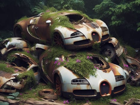 Abandoned rusty expensive atmospheric super car as circulation banned for co2 emission 2030 agenda , severe damage, broken parts, plants overgrowth bloom flowers. ai generated