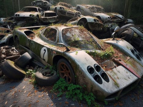 Abandoned rusty expensive atmospheric super car as circulation banned for co2 emission 2030 agenda , severe damage, broken parts, plants overgrowth bloom flowers. ai generated