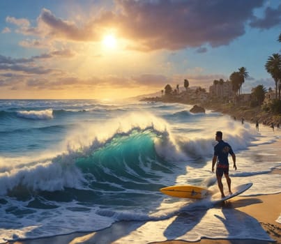 one male surfer catch waves in the sea at sunset in idyllic place beach ai generated