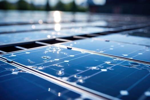 Close-up of eco-technology solar panel farm. Renewable energy concept.