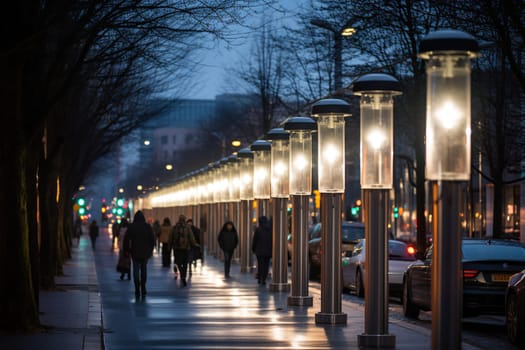 City street in the evening illuminated by electric lamps.