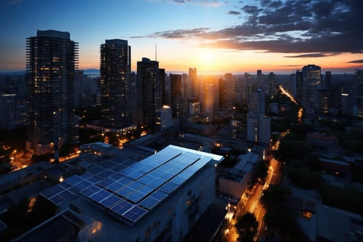 Solar panels on the roofs of houses in the city. Lighting using solar energy.