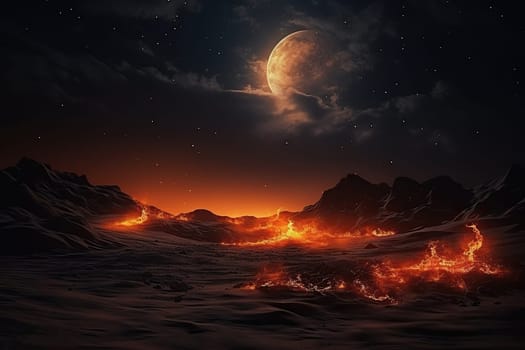 Night desert with fires on the sand in the light of a bright moon on a cloudy sky.