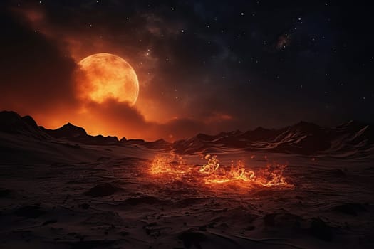 Night desert with fires on the sand in the light of a bright moon on a cloudy sky.