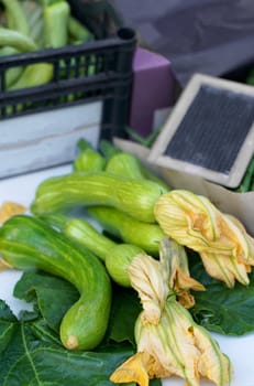 Nice. French market. Fresh zucchini with flowers sold at the market