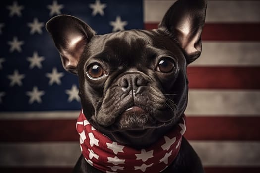 French bulldog dog with a bandage around its neck on the background of the US flag.