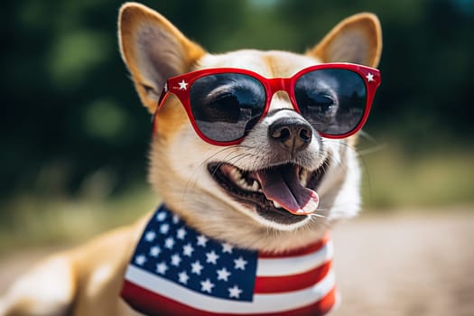 A Welsh Corgi dog wearing sunglasses and with a US flag on his neck on a blurred background. Elections, US Independence Day. Patriotic dog.