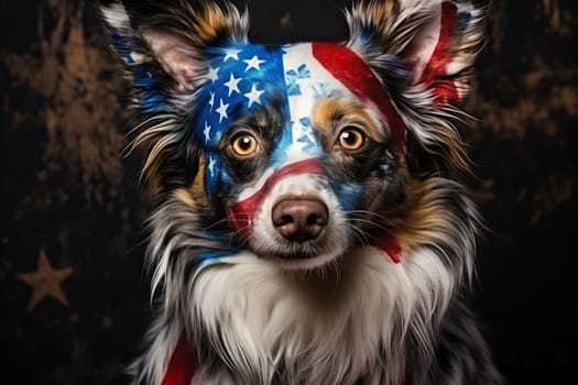A dog with fur colored in the colors of the US flag. Patriotic dog.