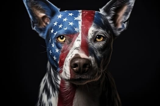 A dog with fur colored in the colors of the US flag. Patriotic dog.