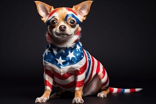 A dog with fur colored in the colors of the US flag. Patriotic dog.