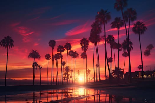 Beautiful sunset against the backdrop of the silhouette of tall palm trees on the sea beach. Vintage tone.