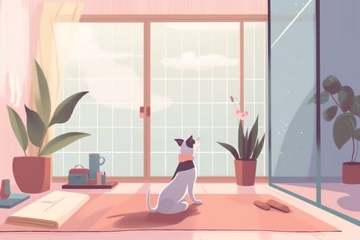 woman dog person illustration cartoon mat training lifestyle position sportswear body yoga sport practice girl young cat relaxation home fitness gymnastics. Generative AI.