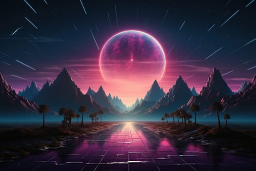 Futuristic background. Neon road leading to sunset, rocks, retro wave.