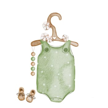 Watercolor drawing of a newborn baby's bodysuit and small shoes, cotton flowers. Template for baby shower and birth invitations.