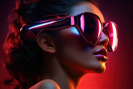 80's style poster featuring a girl in sunglasses in neon light. Disco style