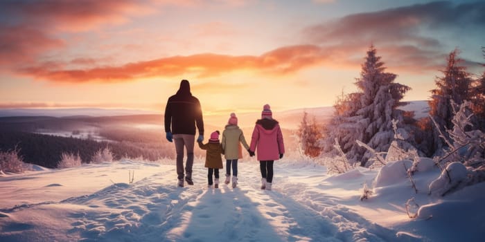 Happy family Father, mother and children are having fun and playing on snowy winter walk in nature. comeliness