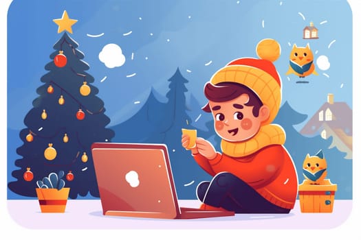 education child cyberspace cartoon christmas call family gift technology laptop home tree christmas person happy tree baby video computer chat young. Generative AI.