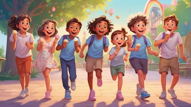 a group of kids , boys and girls, having ice cream gelato cones in a park in summer time ai generated