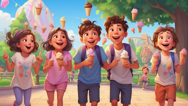 a group of kids , boys and girls, having ice cream gelato cones in a park in summer time ai generated