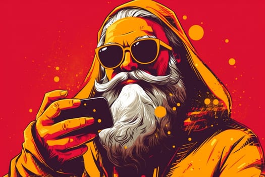 man smartphone red fun present internet smile online joy old phone claus screen christmas holiday merry year new smart mobile santa. Generative AI.