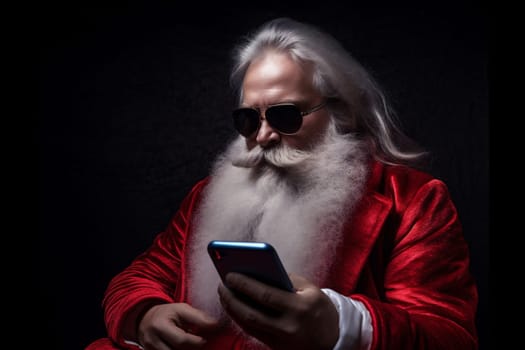 man smart mature cap connection message mobile santa costume merry phone joy smile christmas year celebrate holiday claus old cellphone smartphone. Generative AI.