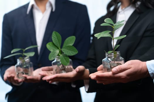 Business people holding money savings jar filled with coins and growing plant for sustainable financial planning for retirement or eco subsidy investment for environment protection. Quaint