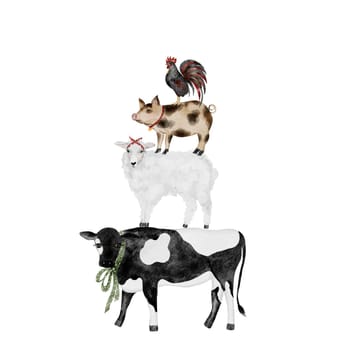 Watercolor illustration of a pyramid of domestic animals. Farm cow, pig, sheep and rooster stand on top of each other. Illustration for height gauges and kitchen textiles