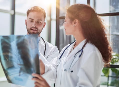 Concentrated male doctor looking at x-ray picture of spine