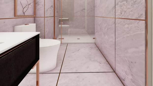 Mauve rose gold toilet interior design 3d rendering