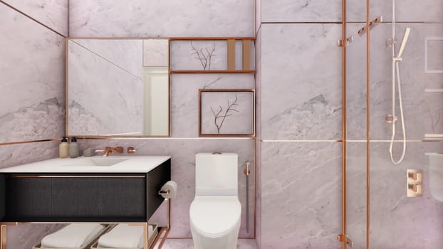 Mauve rose gold toilet interior design 3d rendering